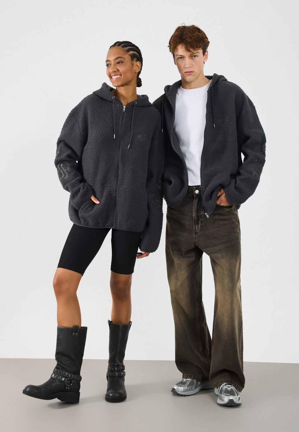 YOURTURN UNISEX TEDDY RELAXED FIT EMBROIDERED HOODIE