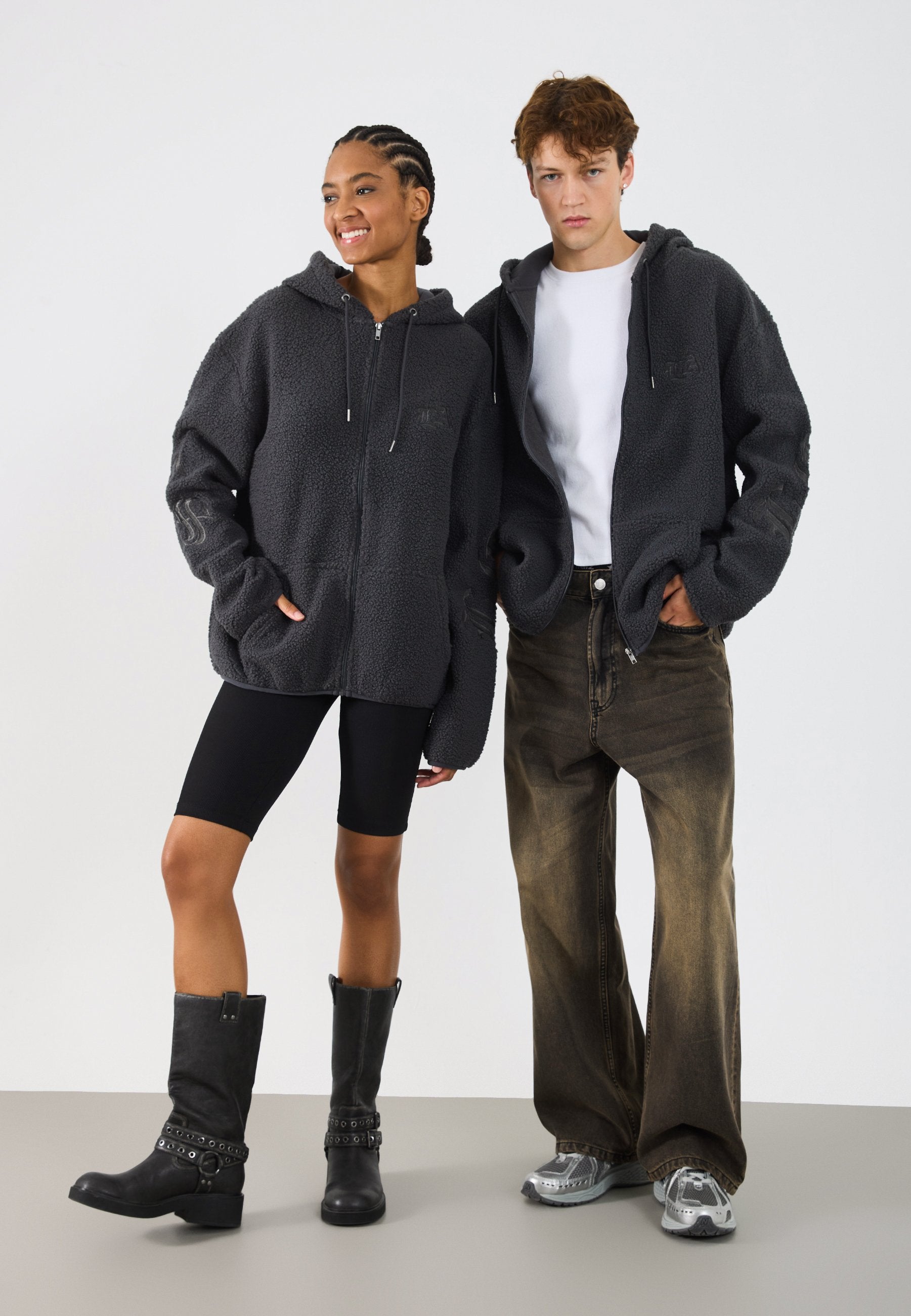 YOURTURN UNISEX TEDDY RELAXED FIT EMBROIDERED HOODIE