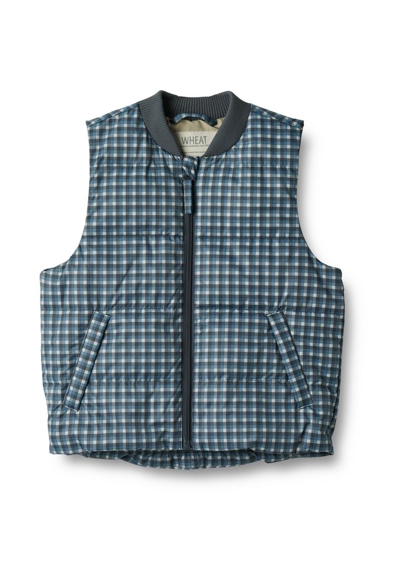 Quilted Weste im blau-weißen Karomuster, mit einem Reißverschluss vorne und zwei seitlichen Taschen, einem gerippten Kragen und weicher Textur.