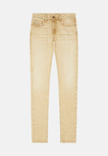 Beige Denim-Jeans mit geradem Schnitt, fünf Taschen und einem leicht abgetragenen Look. Ausgestattet mit einem Metallknopf und dezenten Nähdetails.