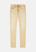 Beige Denim-Jeans mit geradem Schnitt, fünf Taschen und einem leicht abgetragenen Look. Ausgestattet mit einem Metallknopf und dezenten Nähdetails.