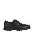 Dunkelbraune Leder-Schuh mit glatter Oberfläche, Schnürdesign, runder Zehenform und einer soliden Gummisohle für Grip und Langlebigkeit.