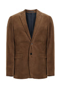 Brauner Kordblazer mit glatter Textur, einem einzigen Knopfverschluss, Reverskragen und zwei vorderen Taschen. Futter in dunkler Farbe.