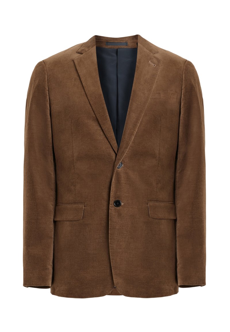 Brauner Kordblazer mit glatter Textur, einem einzigen Knopfverschluss, Reverskragen und zwei vorderen Taschen. Futter in dunkler Farbe.