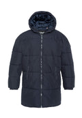 Dunkelblauer Pufferjacke mit Kapuze, Frontreißverschluss und seitlichen Reißverschlusstaschen, entworfen für kaltes Wetter.