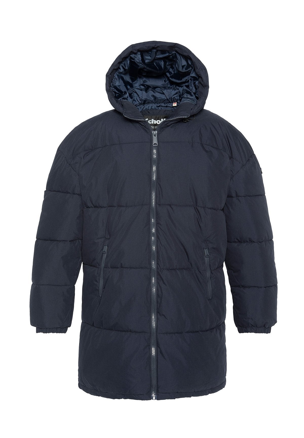Dunkelblauer Pufferjacke mit Kapuze, Frontreißverschluss und seitlichen Reißverschlusstaschen, entworfen für kaltes Wetter.