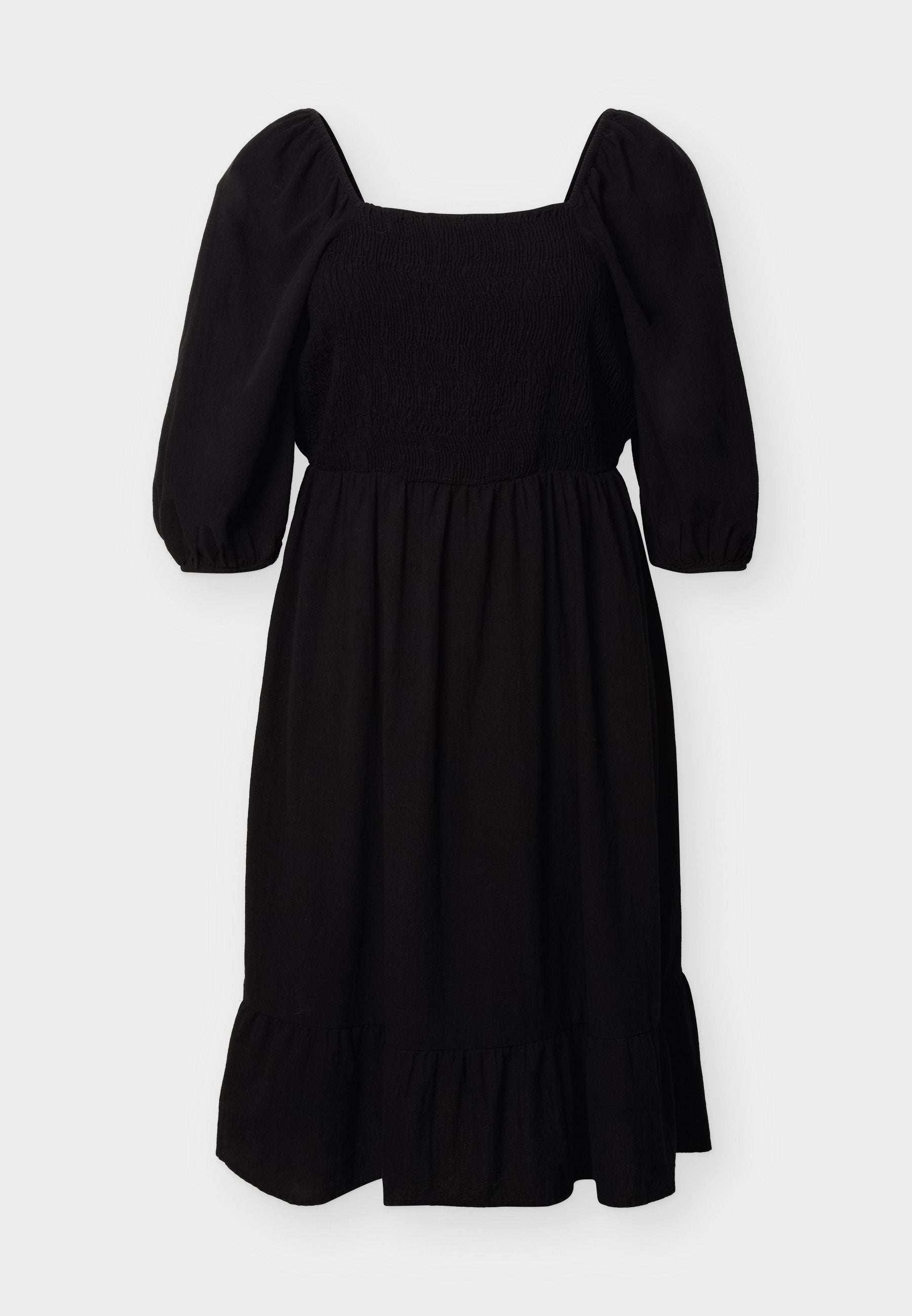 Schwarzes Midikleid mit aufgepufften Dreiviertelärmeln, quadratischem Ausschnitt, gerafftem Oberteil und Rüschensaum vor hellem Hintergrund.