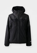 Schwarze wasserdichte Jacke mit gemustertem Kapuzenbereich, vorderen Reißverschlüssen und zwei Brusttaschen. Ausgestattet mit verstellbaren Manschetten und einem schlanken, funktionalen Design.