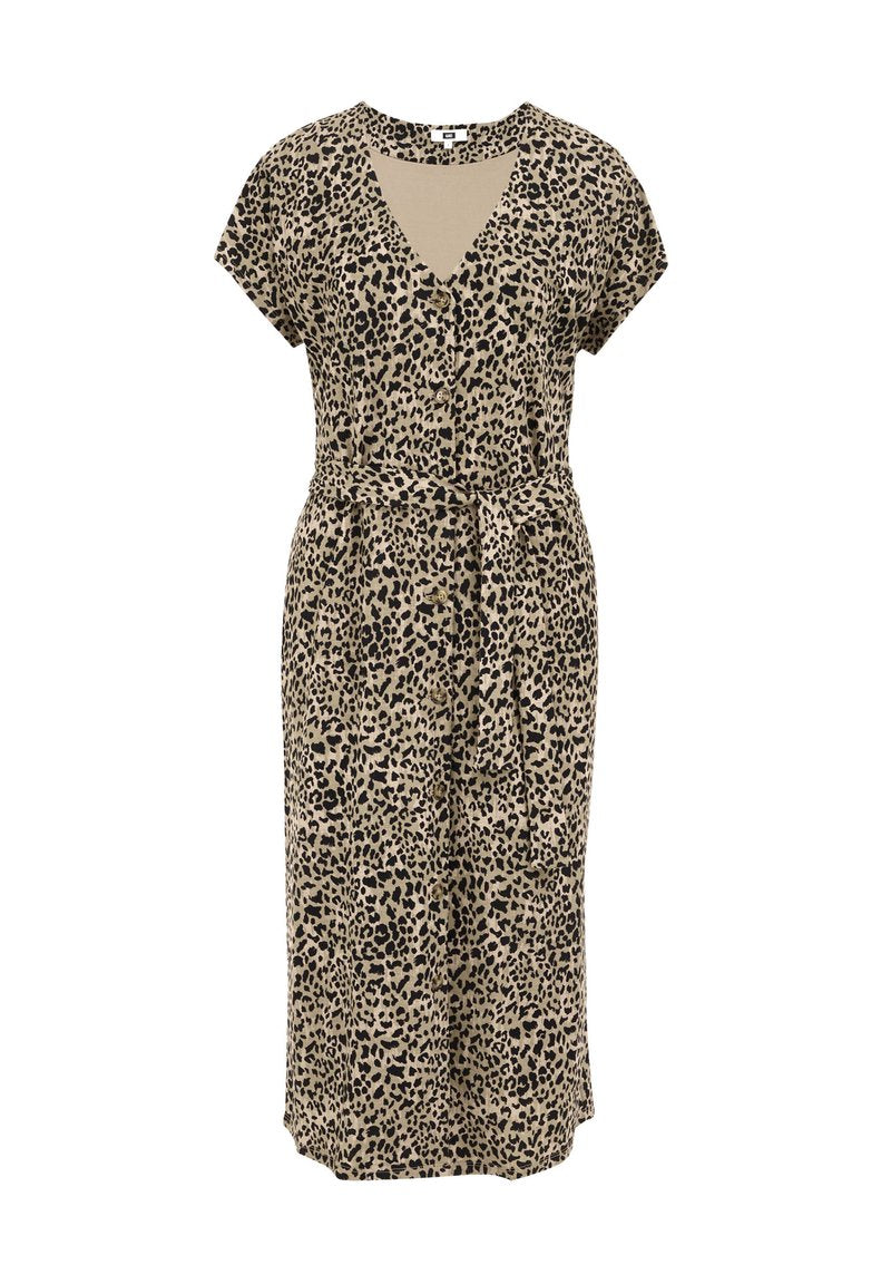 Leopardenmuster-Kleid in Beige und Schwarz. Kurze Ärmel, V-Ausschnitt, Knopfdetails, Gürtel, der an der Taille gebunden ist, knielang, leichtes Material.