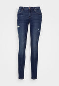 Schmale Jeans aus dunkelblauem Denim mit abgeriebenen Details. Hoch tailliertes Design mit fünf Taschen und einem Knopfverschluss.