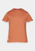 Kurzärmliges T-Shirt in rostorange, aus weicher Baumwolle, mit Rundhalsausschnitt und einem kleinen Etikett am unteren Saum.