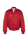 Rote Bomberjacke aus glattem Nylon mit geripptem Kragen, Bündchen und Saum. Verfügt über einen Druckknopfverschluss und Seitentaschen.