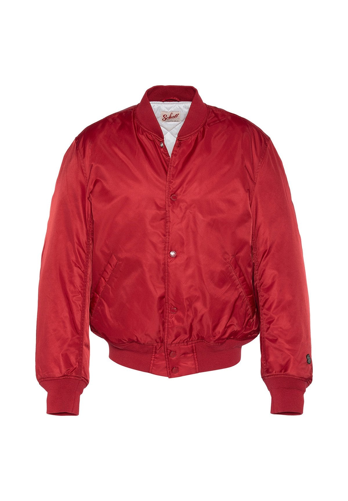 Rote Bomberjacke aus glattem Nylon mit geripptem Kragen, Bündchen und Saum. Verfügt über einen Druckknopfverschluss und Seitentaschen.