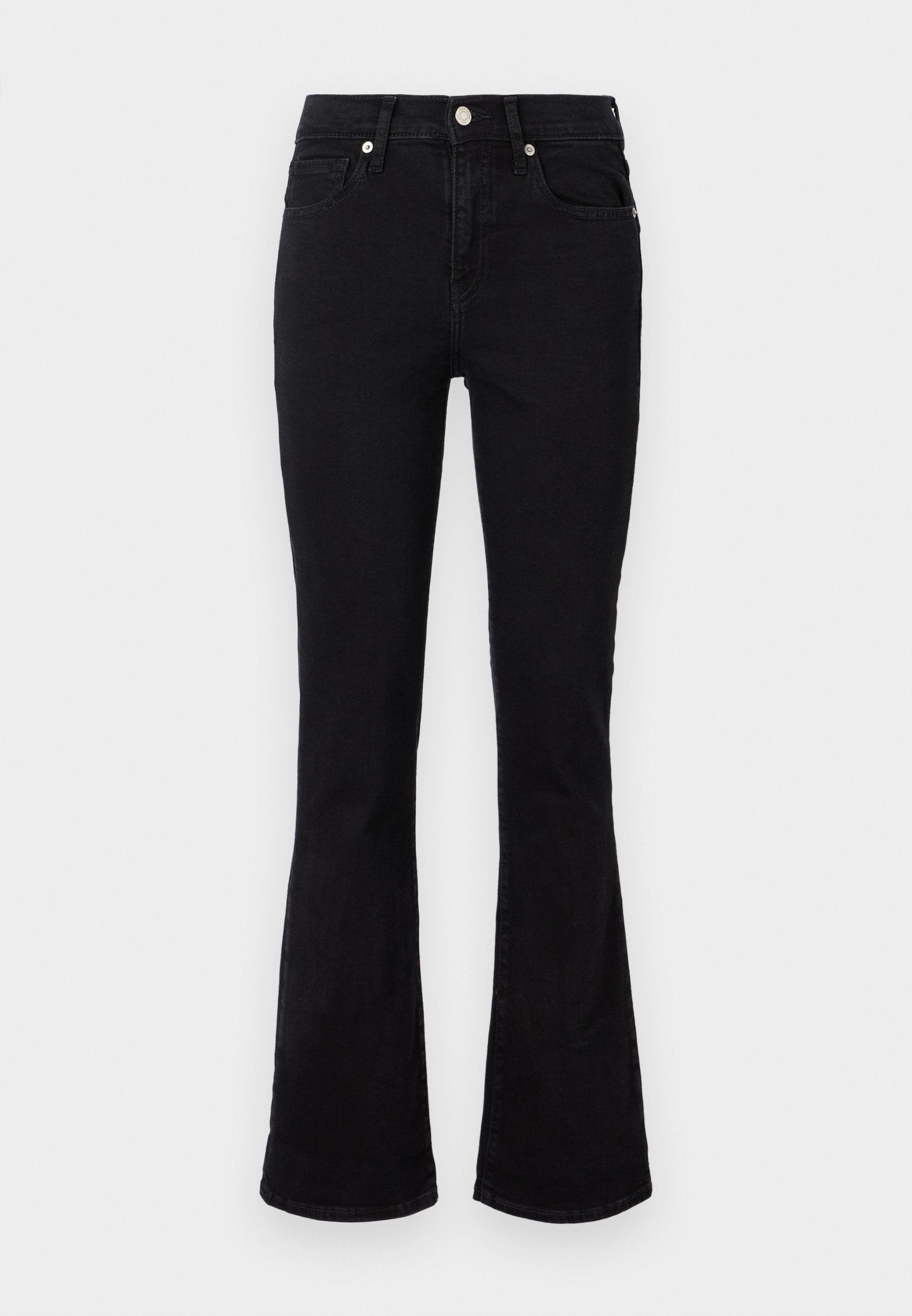 Schwarze Schlagjeans aus Denim, mit einem mittelhohen Bund, Fronttaschen und Knopfverschluss. Glatte Textur mit minimalen Nähten.