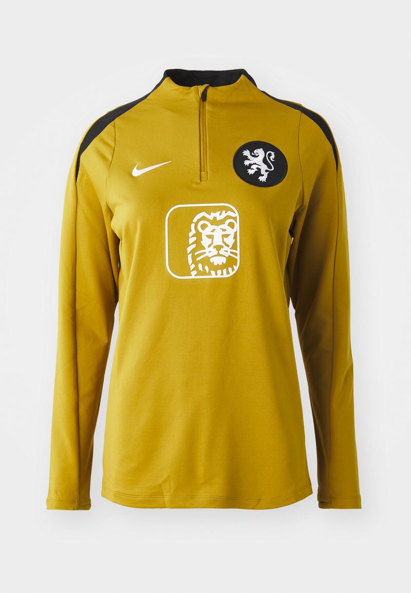 Gelbes Sportoberteil mit langen Ärmeln und Viertelreißverschluss, schwarzen Schulterakzenten, einem Löwenemblem auf der Brust und dem Nike-Logo auf der linken Schulter.