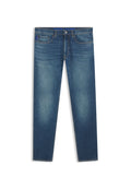Dunkelblaue Jeans aus Denim mit geradem Schnitt. Verfügt über fünf Taschen, Gürtelschlaufen und eine dezente Verblassung an den Oberschenkeln. Markenetikett an der Taille.