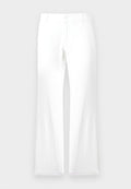 Weiße Leinenhose mit geradem Bein, Knopfverschluss und ohne sichtbare Muster. Glatte Textur und minimales Design.