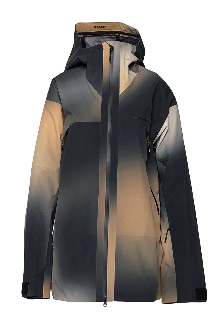 Skijacke mit Frontreißverschluss, Kapuze, seitlichen Reißverschlusstaschen und verstellbaren Bündchen in Verlauf schwarz, beige und grau.