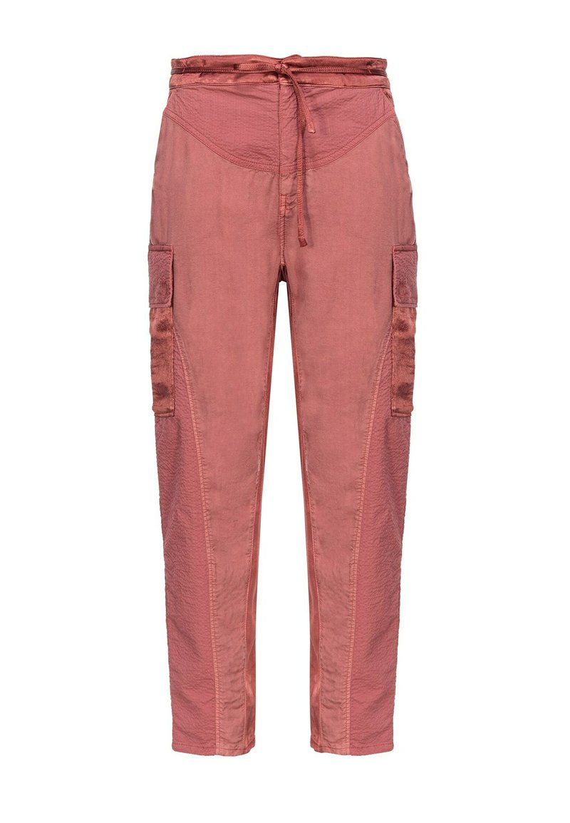 Cargo-Hosen in einem zarten Rosaton mit einem Kordelzugbund, seitlichen Taschen und strukturierten Paneldetails an den Beinen.