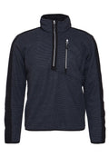 Fleece-Pullover in Dunkelblau mit schwarzen Seitenteilen. Verfügt über einen halblangen Reißverschluss am Kragen und zwei Brusttaschen mit Reißverschluss, strukturierte Stoffoberfläche.