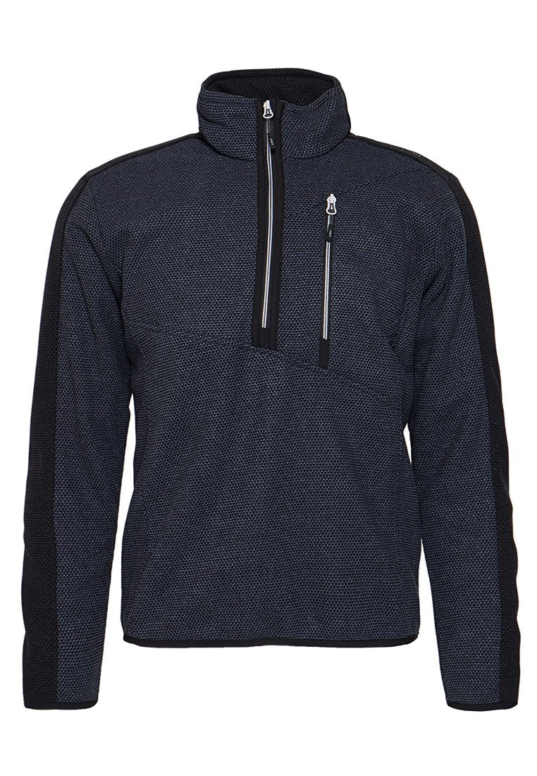 Fleece-Pullover in Dunkelblau mit schwarzen Seitenteilen. Verfügt über einen halblangen Reißverschluss am Kragen und zwei Brusttaschen mit Reißverschluss, strukturierte Stoffoberfläche.