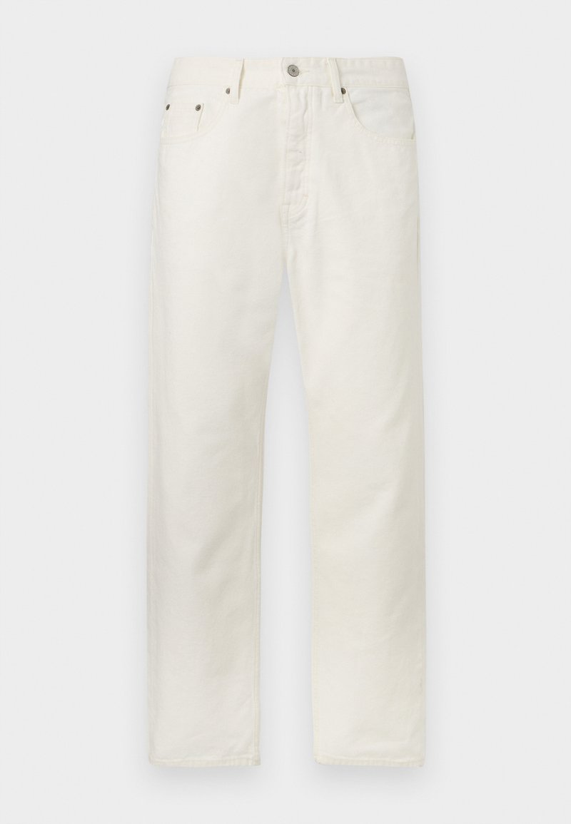 Off-white Jeans mit geradem Bein, fünf Taschen, Knopfverschluss und Gürtelschlaufen, flach auf weißem Hintergrund dargestellt.