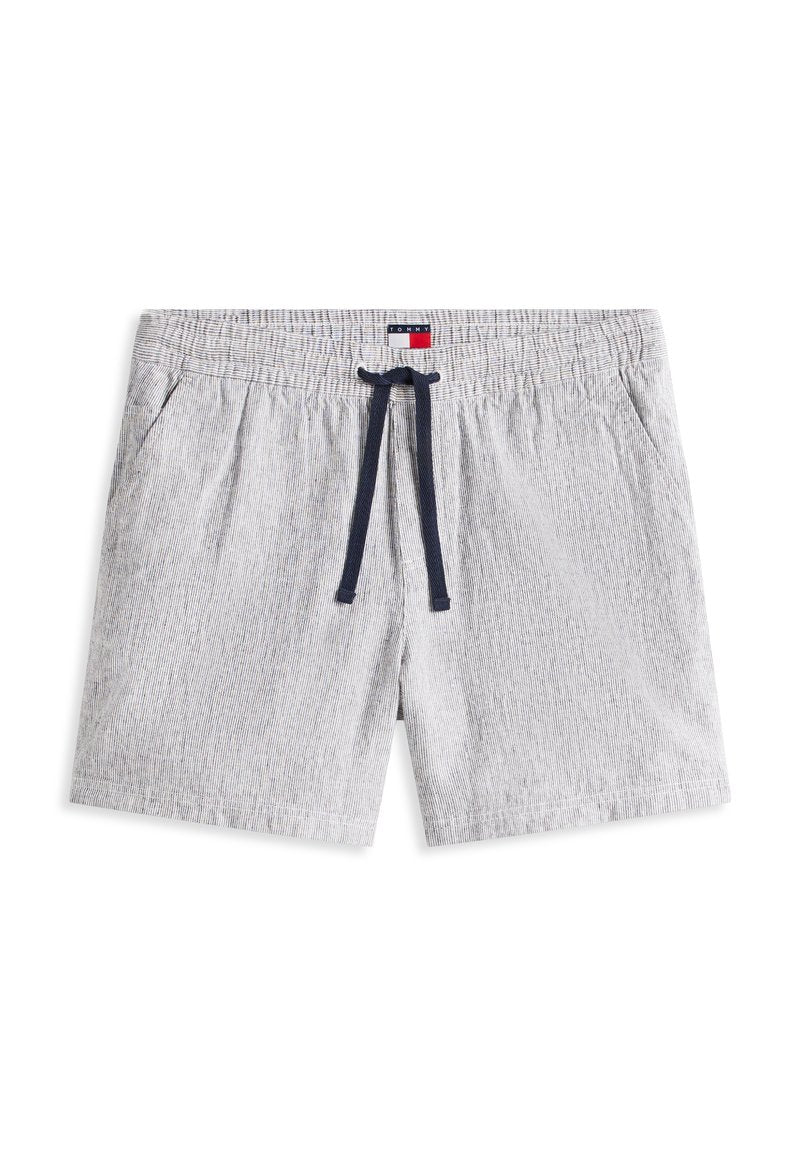 Hellgraue Baumwollshorts mit dünnen vertikalen Streifen, elastischem Bund, dunkelblauem Kordelzug, seitlichen Taschen und einem kleinen Tommy Hilfiger Logo an der Taille.