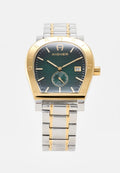 Goldene und silberne Armbanduhr mit grün strukturiertem Zifferblatt, goldenen Markierungen und Zeigern, kleiner Sekundenanzeige und Datumsanzeige bei 3 Uhr.