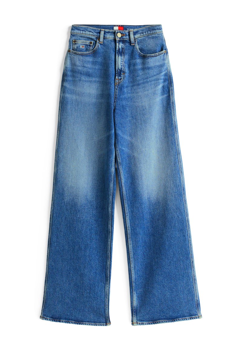 Blau-weit geschnittene Denim-Jeans mit verblasstem Waschungseffekt, ausgestattet mit Knopfverschluss, Gürtelschlaufen und zwei Vordertaschen. Sauberer Saum ohne Verzierungen.
