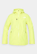 Helle gelbe wasserdichte Jacke mit Kapuze, Frontreißverschluss, zwei seitlichen Taschen und einer Brusttasche. Logo auf der oberen linken Seite aufgedruckt.