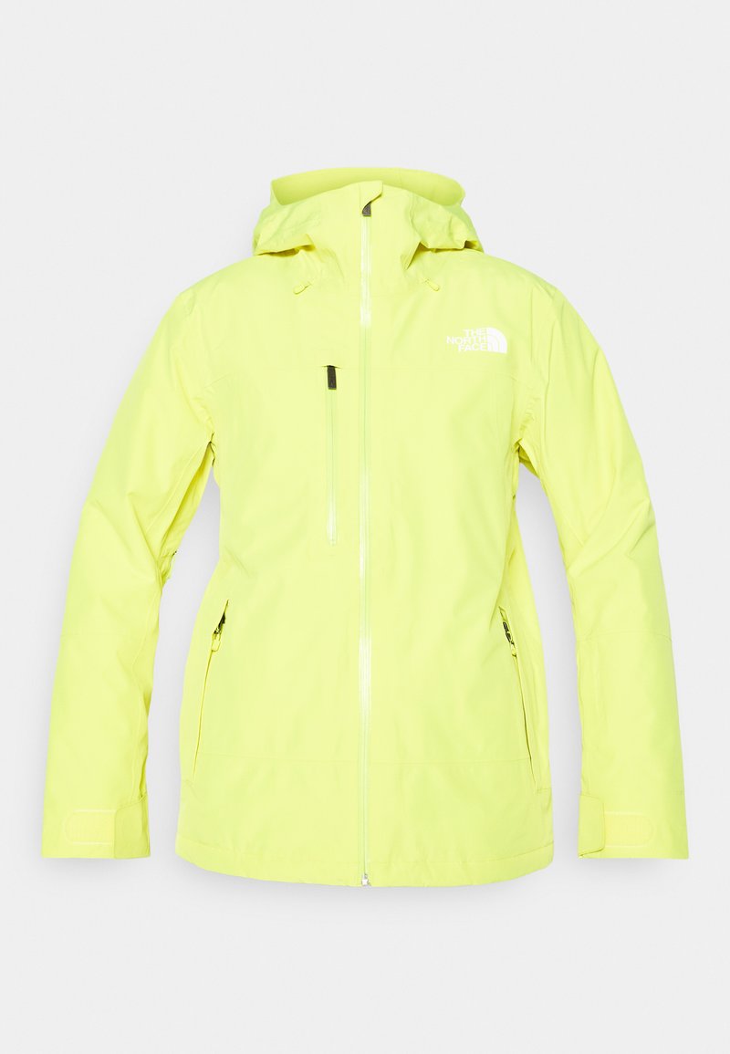 Helle gelbe wasserdichte Jacke mit Kapuze, Frontreißverschluss, zwei seitlichen Taschen und einer Brusttasche. Logo auf der oberen linken Seite aufgedruckt.
