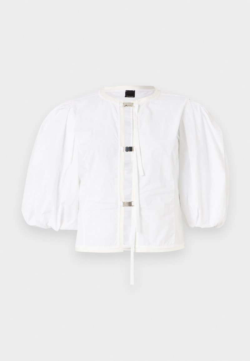 Weißer Blazer mit Puffärmeln und geradem Schnitt, mit einer Vorderseite, die mit metallischen Schnallen verschlossen wird, und einem runden Halsausschnitt. Glattes Baumwollmaterial.