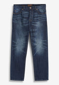 Dunkelblaue Jeans aus Denim mit einem verwaschenen Muster auf der Vorderseite, gerader Schnitt, fünf Taschen, Knopf- und Reißverschluss, sowie gestickten Akzenten.