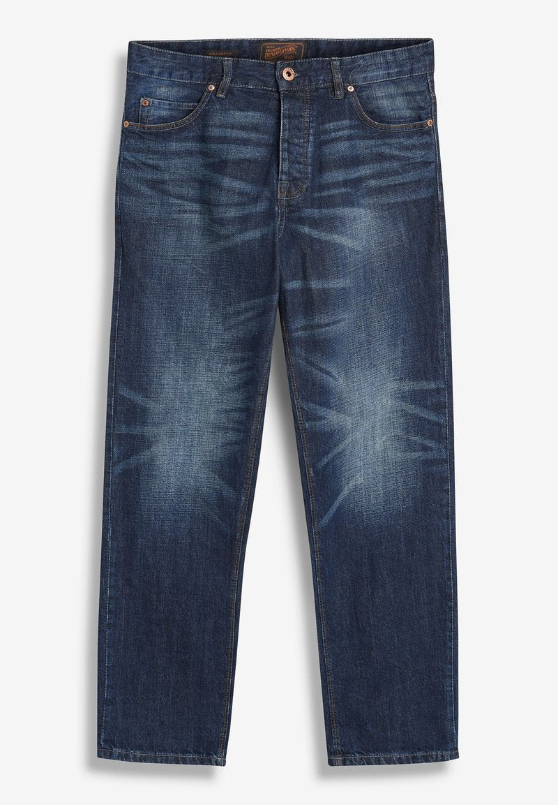 Dunkelblaue Jeans aus Denim mit einem verwaschenen Muster auf der Vorderseite, gerader Schnitt, fünf Taschen, Knopf- und Reißverschluss, sowie gestickten Akzenten.