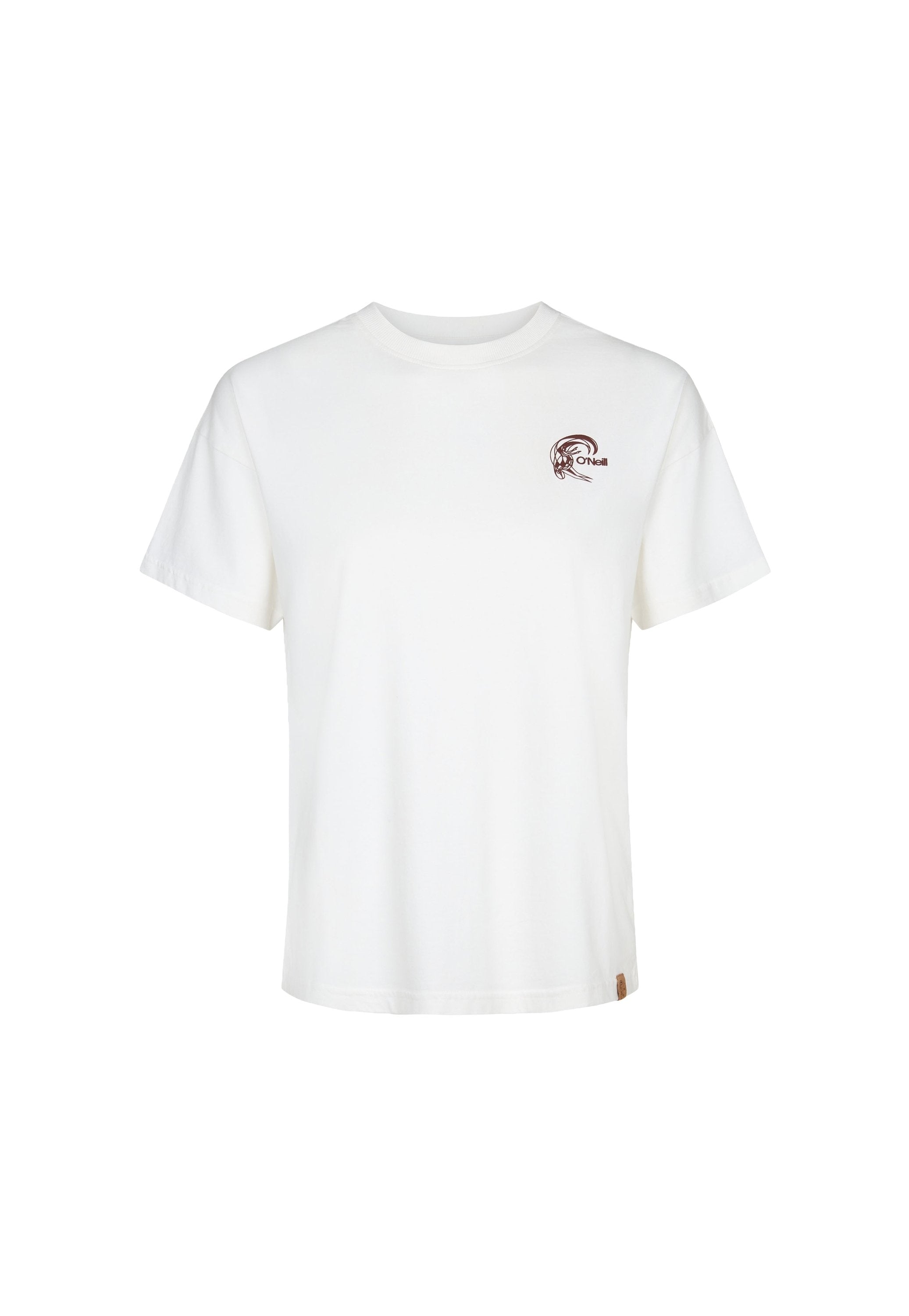 Weißes Baumwoll-T-Shirt mit kurzen Ärmeln, rundem Ausschnitt und einem kleinen braunen Grafiklogo auf der linken Brustseite. Weiches Material und normale Passform.