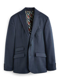Navy-blaues Blazer mit taillierter Passform, Reverskragen, zwei vorderen Taschen und einem gemusterten Futter mit geometrischen Designs in gedämpften Farben.