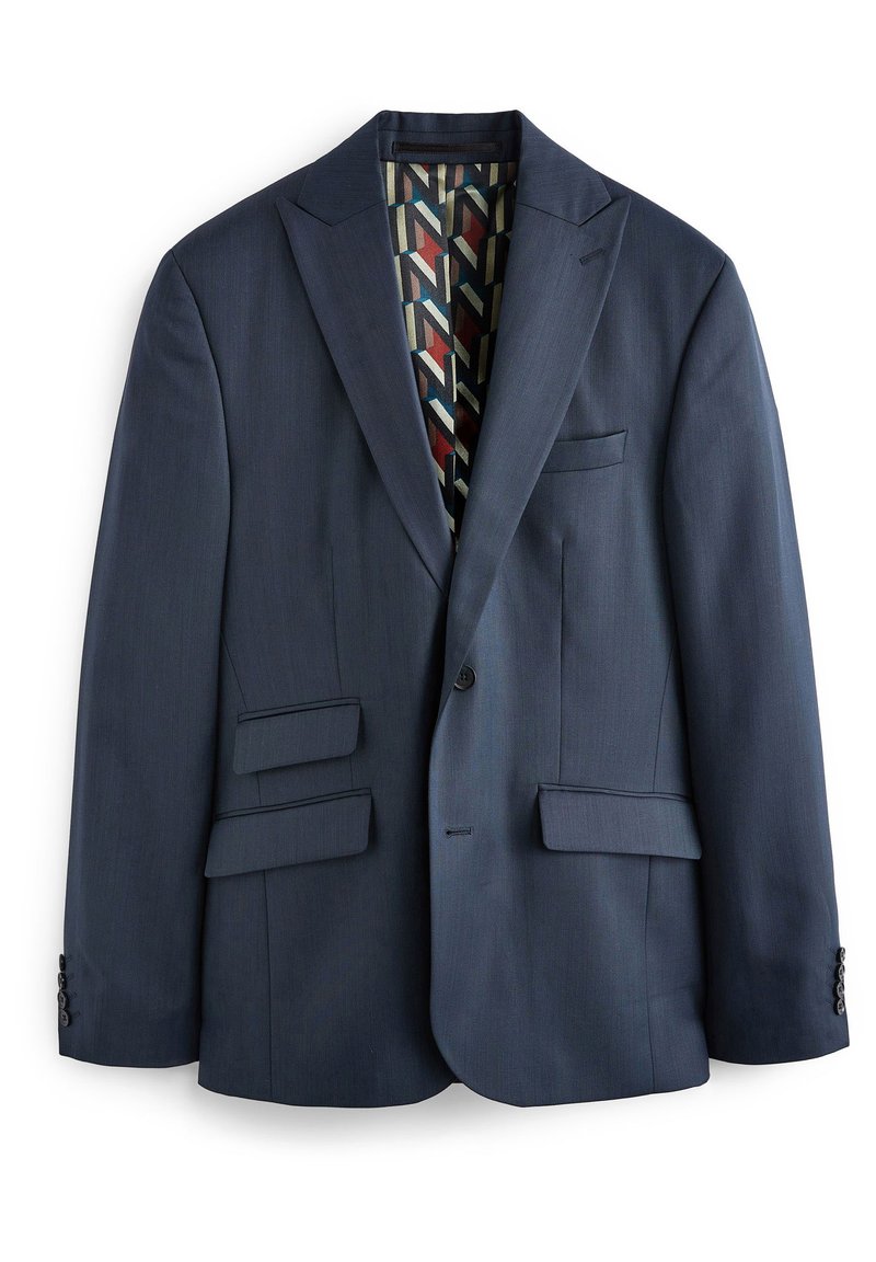 Navy-blaues Blazer mit taillierter Passform, Reverskragen, zwei vorderen Taschen und einem gemusterten Futter mit geometrischen Designs in gedämpften Farben.