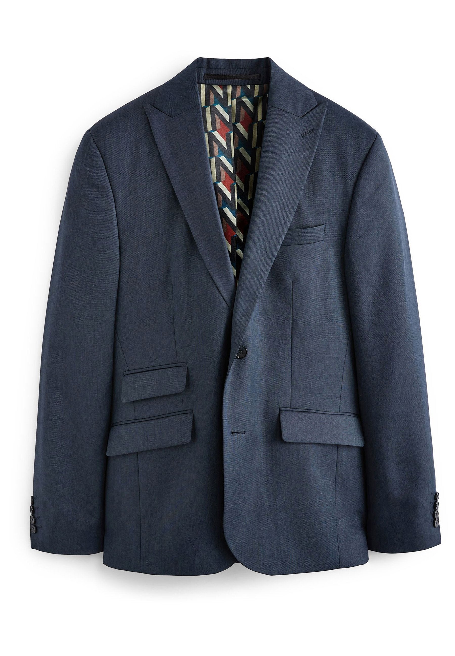 Navy-blaues Blazer mit taillierter Passform, Reverskragen, zwei vorderen Taschen und einem gemusterten Futter mit geometrischen Designs in gedämpften Farben.