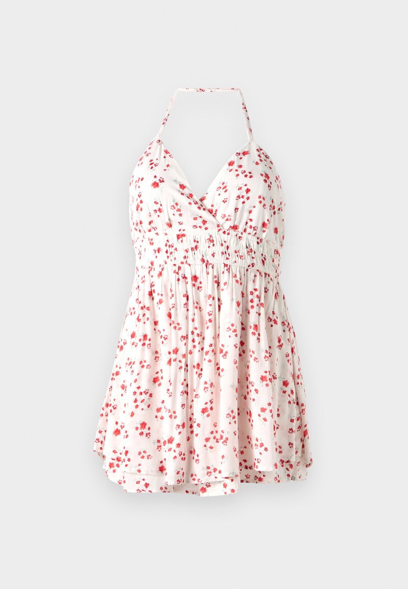 Weißes Blumenkleid mit kleinen roten Blumen, Halterneck-Design, geraffter Taille und fließendem Rock. Weicher Stoff mit leichter Textur.