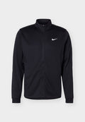 Schwarze Nike Jacke mit Reißverschluss, langen Ärmeln und weißem Nike Swoosh-Logo auf der linken Brust, dargestellt auf einem schlichten Hintergrund.