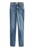 Blaue Jeans aus Denim mit hohem Bund, geradem Beinschnitt, dezenten Waschungen und klassischem Fünf-Taschen-Design. Mit kupferfarbener Naht.