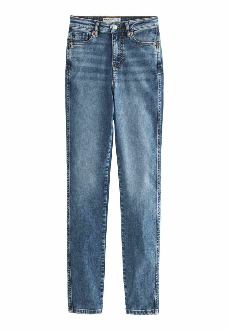 Blaue Jeans aus Denim mit hohem Bund, geradem Beinschnitt, dezenten Waschungen und klassischem Fünf-Taschen-Design. Mit kupferfarbener Naht.