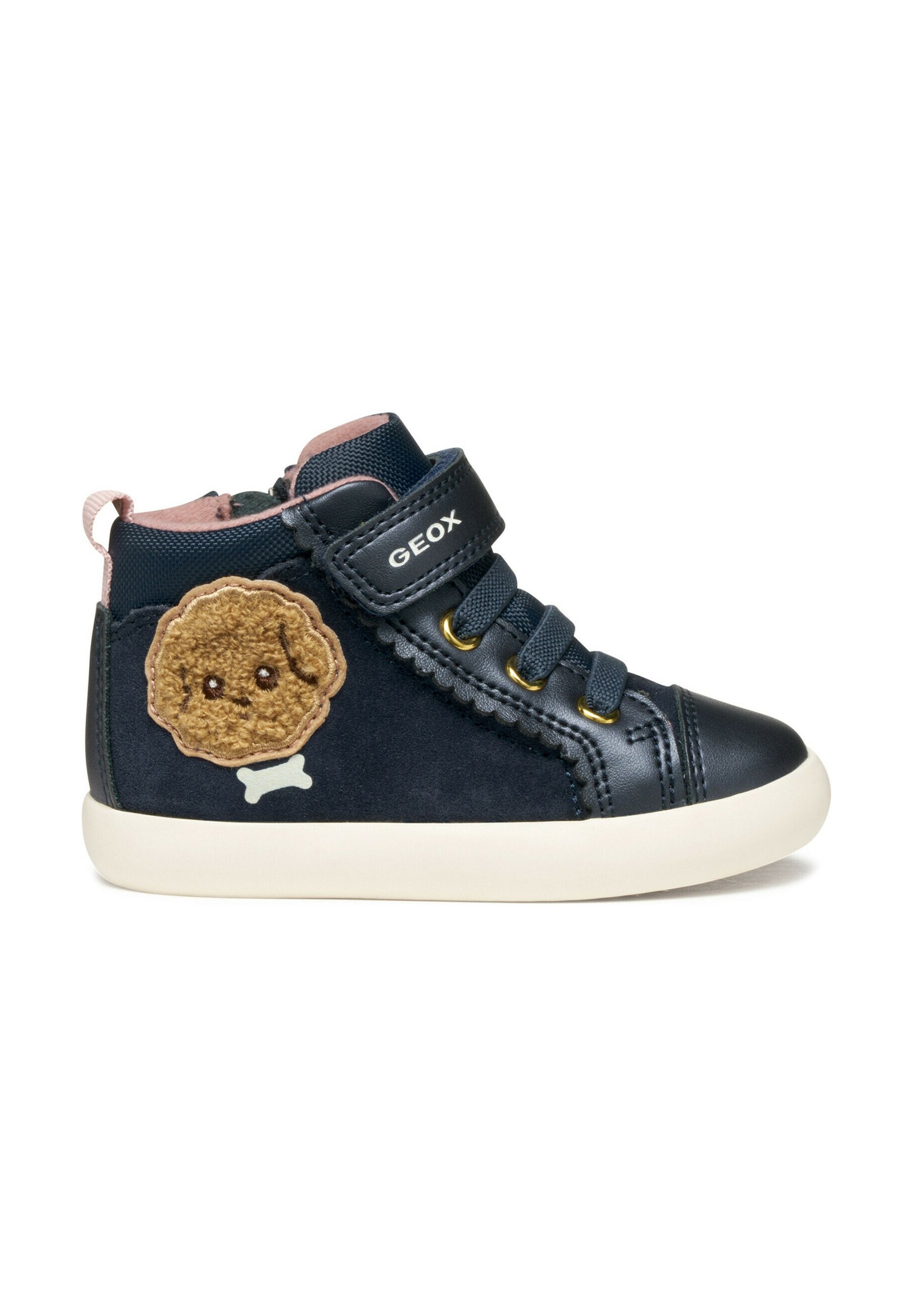 Dunkelblaue High-Top-Sneaker mit einem beigen Cartoon-Kekspatch, weißer Gummisohle, Schnürdesign und Klettverschluss für sicheren Halt.