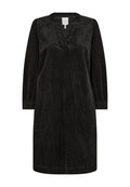 Schwarzes Cordkleid mit V-Ausschnitt, langen Ärmeln und elastischen Bündchen. Hat eine lockere Passform und seitliche Taschen für zusätzlichen Nutzen.