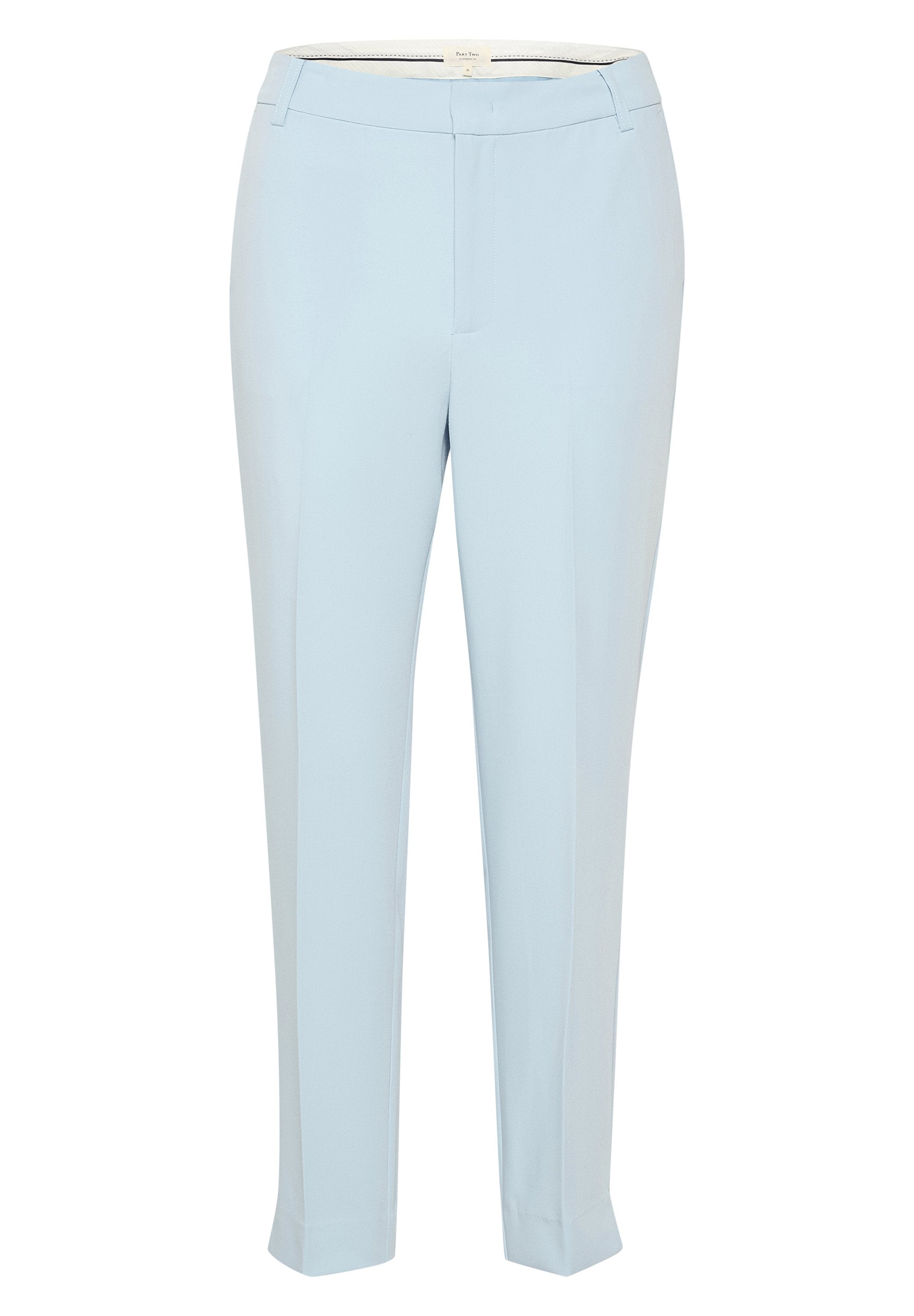 Helleblau, maßgeschneiderte Hosen aus glattem Stoff, mit flachem Frontdesign und schmalem Bein, seitlichen Taschen und einem Reißverschluss.