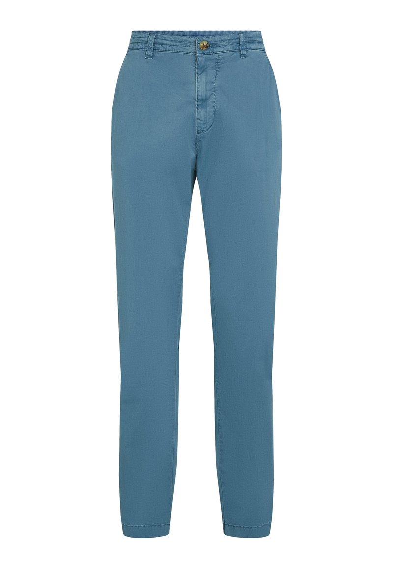 Hellblaue Baumwollhose mit geradem Bein, einem vorderen Knopfverschluss und dezenten Nähten. Keine Taschen oder Muster vorhanden.