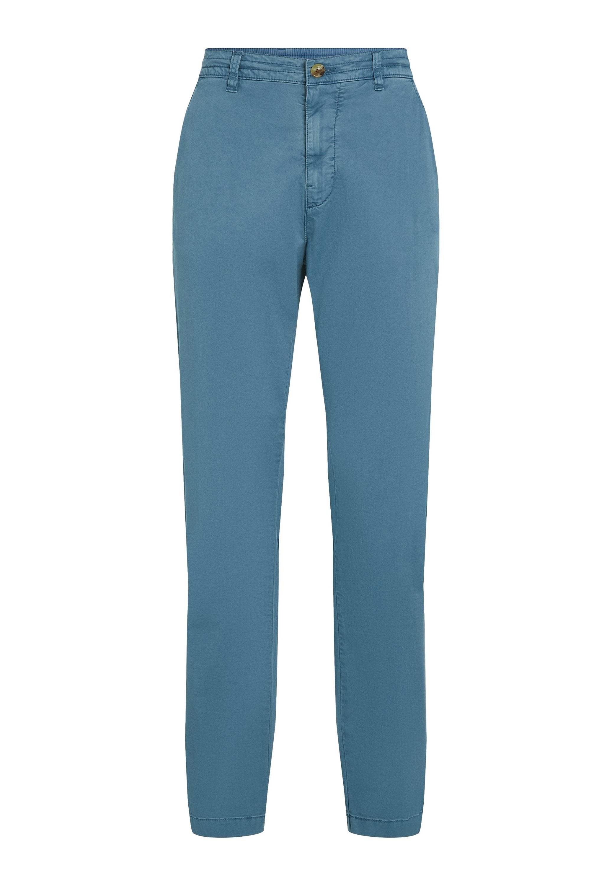 Hellblaue Baumwollhose mit geradem Bein, einem vorderen Knopfverschluss und dezenten Nähten. Keine Taschen oder Muster vorhanden.