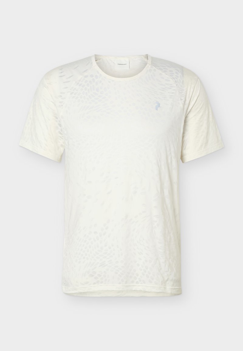 Weißes T-Shirt mit kurzen Ärmeln und Rundhalsausschnitt, feinem tonalen strukturiertem Muster und kleinem Logo auf der linken Brust.