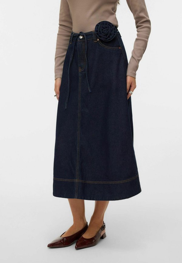 Vero Moda Denim VMRUTH High waist Long - A-line skirt - dark blue denim