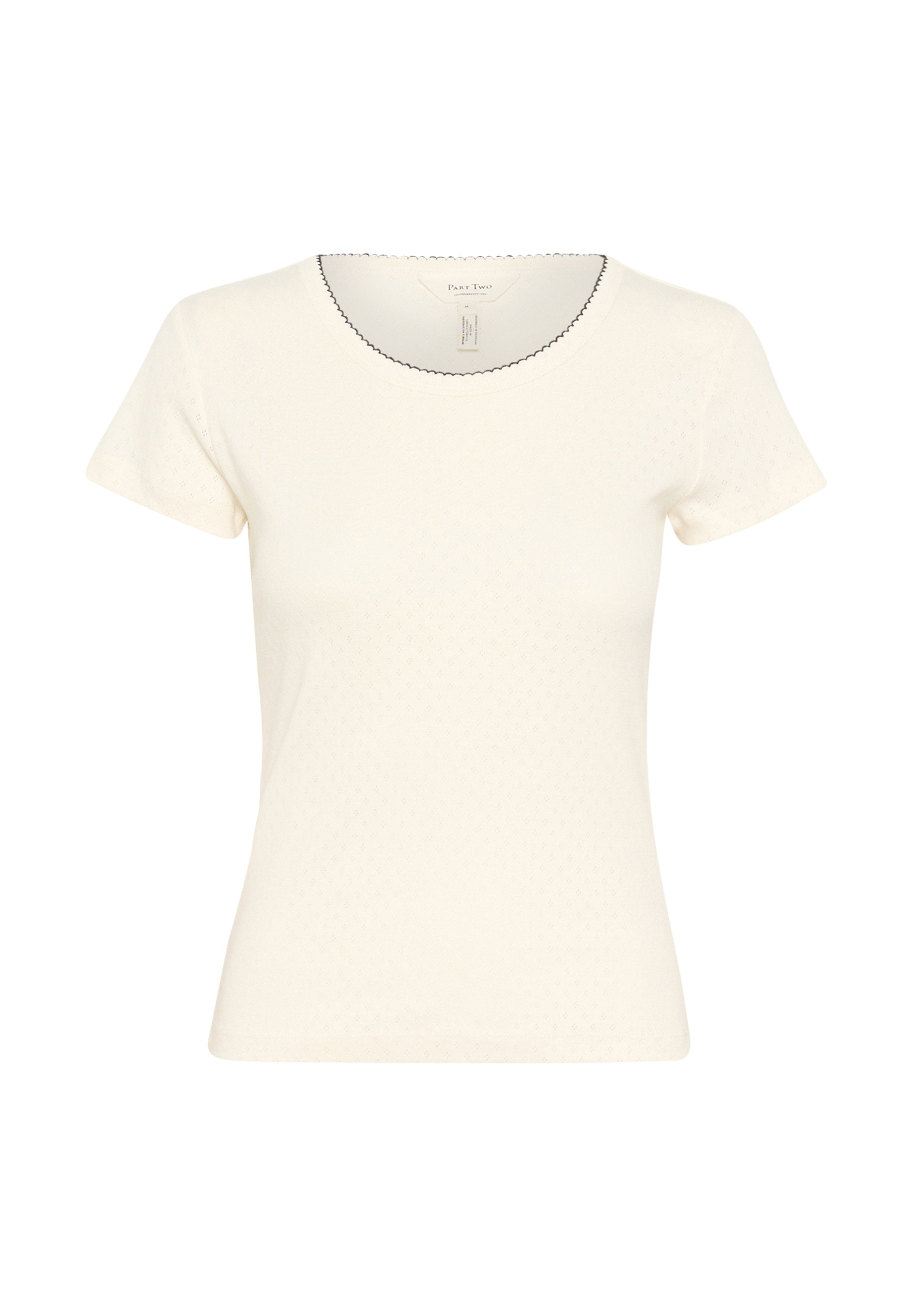 Cremfarbener T-Shirt mit kurzen Ärmeln aus strukturiertem Stoff, rundem Ausschnitt und einer gewellten Besatzkante entlang des Kragens. Schlichtes, tailliertes Design.
